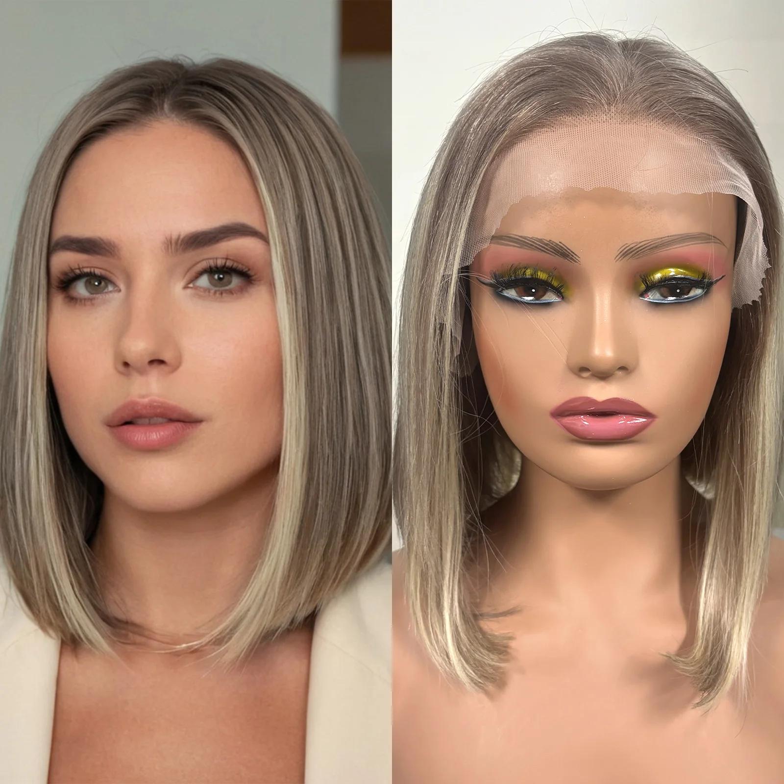 HAIRCUBE Kurzer Bob, glattes Echthaar, Lace-Frontal-Perücke, braune Highlights, blonde Remy-Echthaar-Perücken, vorgezupfte Lace-Front-Perücke für Frauen gray