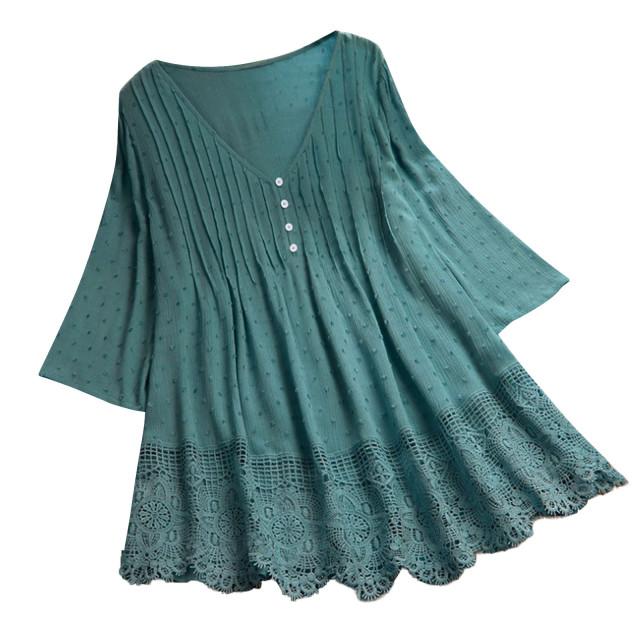Frauen Mode Vintage Spitze Aushöhlen V-ausschnitt Plus Größe Blusen Top Kurzarm Shirts Weibliche Plus Größe Tunika S grün