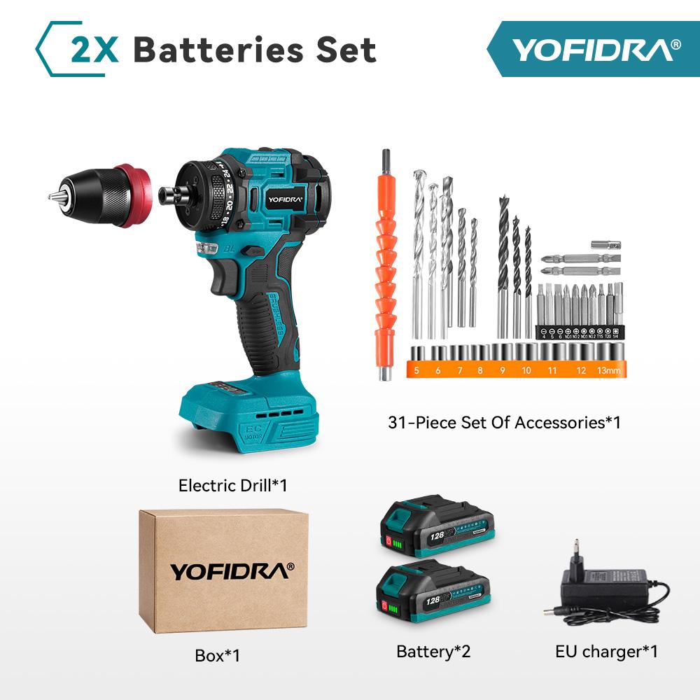 YOFIDRA 2 in 1 Bürstenloser Elektrischer Schraubendreher Hammer Akku-Bohrmaschine Schlag Multifunktionales Elektrowerkzeug Für 21V 18V Akku 2x Battery-EU Plug