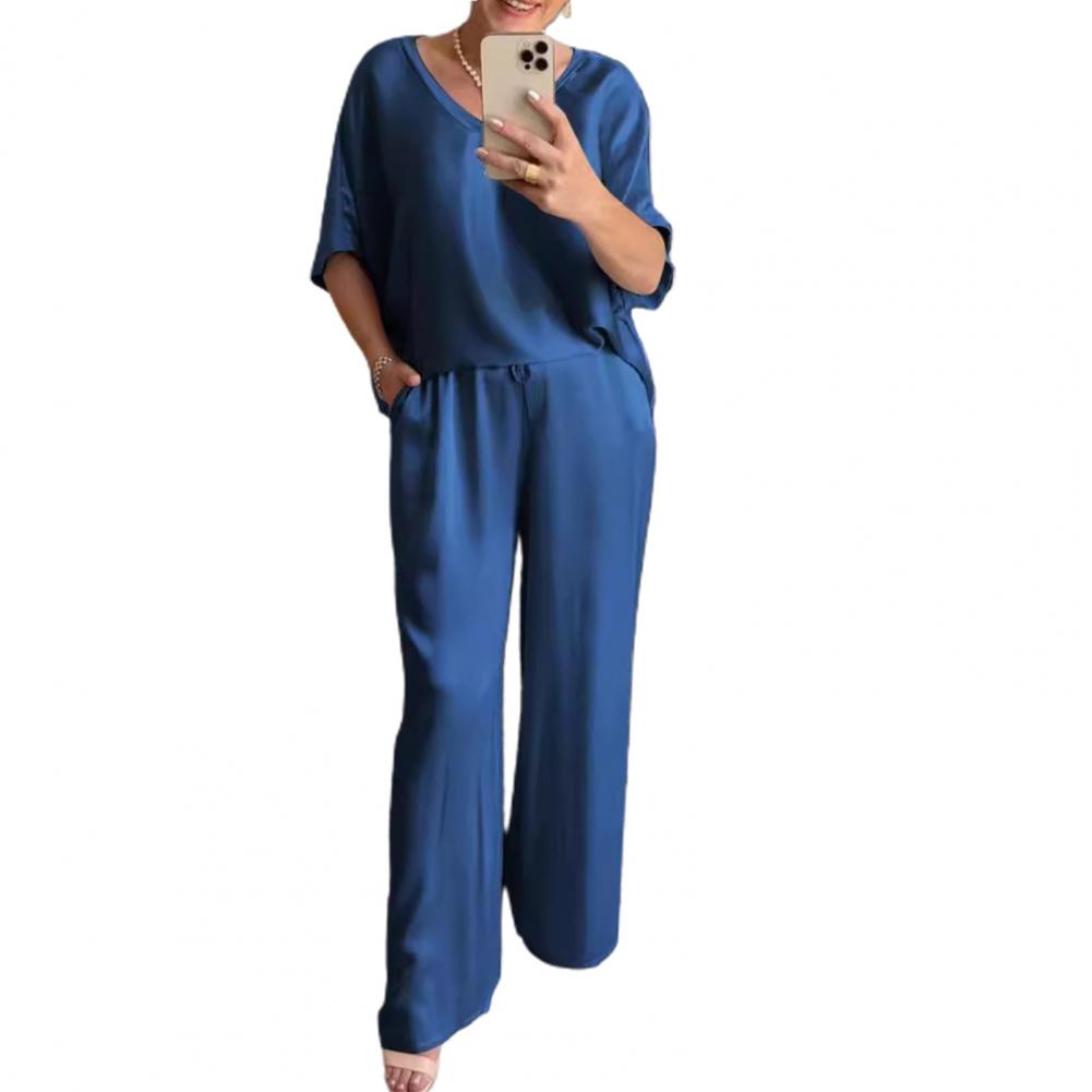 Hosenanzug mit weitem Bein für Damen, elegantes Satin-Oberteil, weites Hosenset für Damen, Bluse mit V-Ausschnitt und Kordelzug in der Taille, locker für Damen XXXL blau