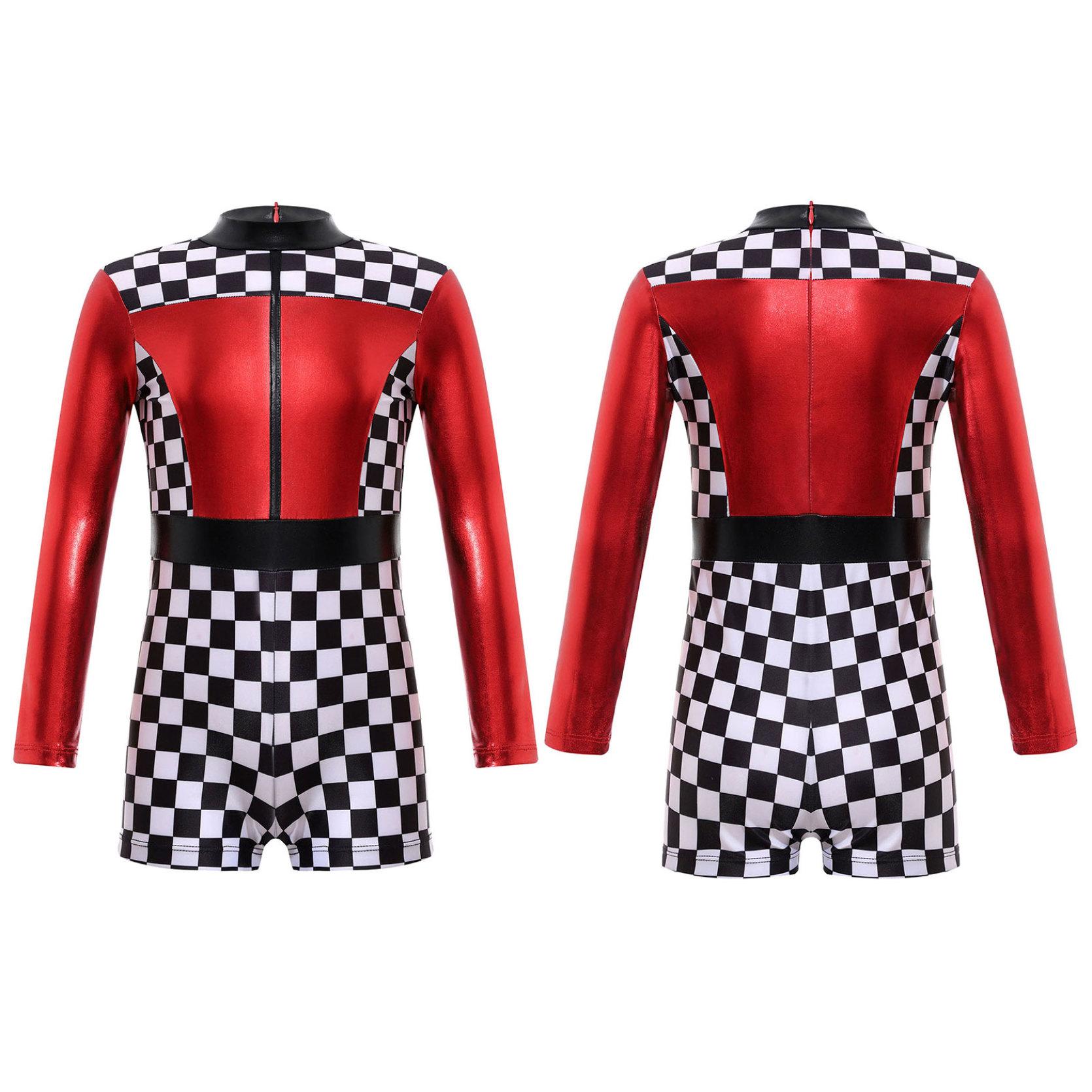 Mädchen-Rennwagen-Rennfahrer-Kostüm, langärmelig, Schachbrettmuster, Farbblock, Patchwork, Reißverschluss hinten, kurzer Overall, Cosplay-Kostüm 7-8 Years rot