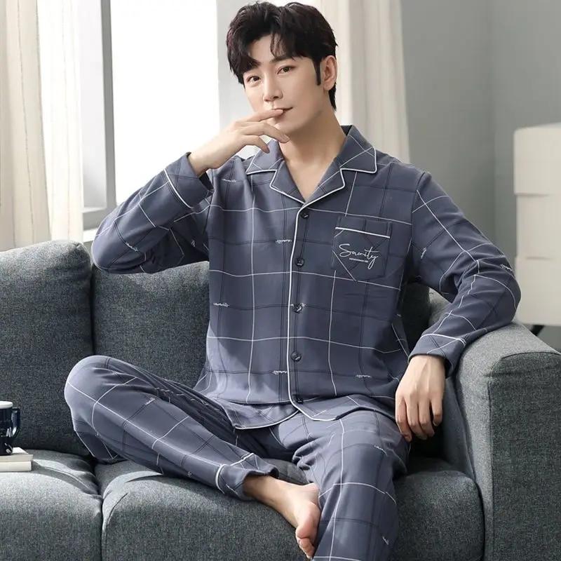 Herren Nachtwäsche Baumwolle Pyjama Sets für Mann Langarm Pyjama Hose Nachtwäsche Pyjama Männliche Homewear Lounge Wear Kleidung XXXL