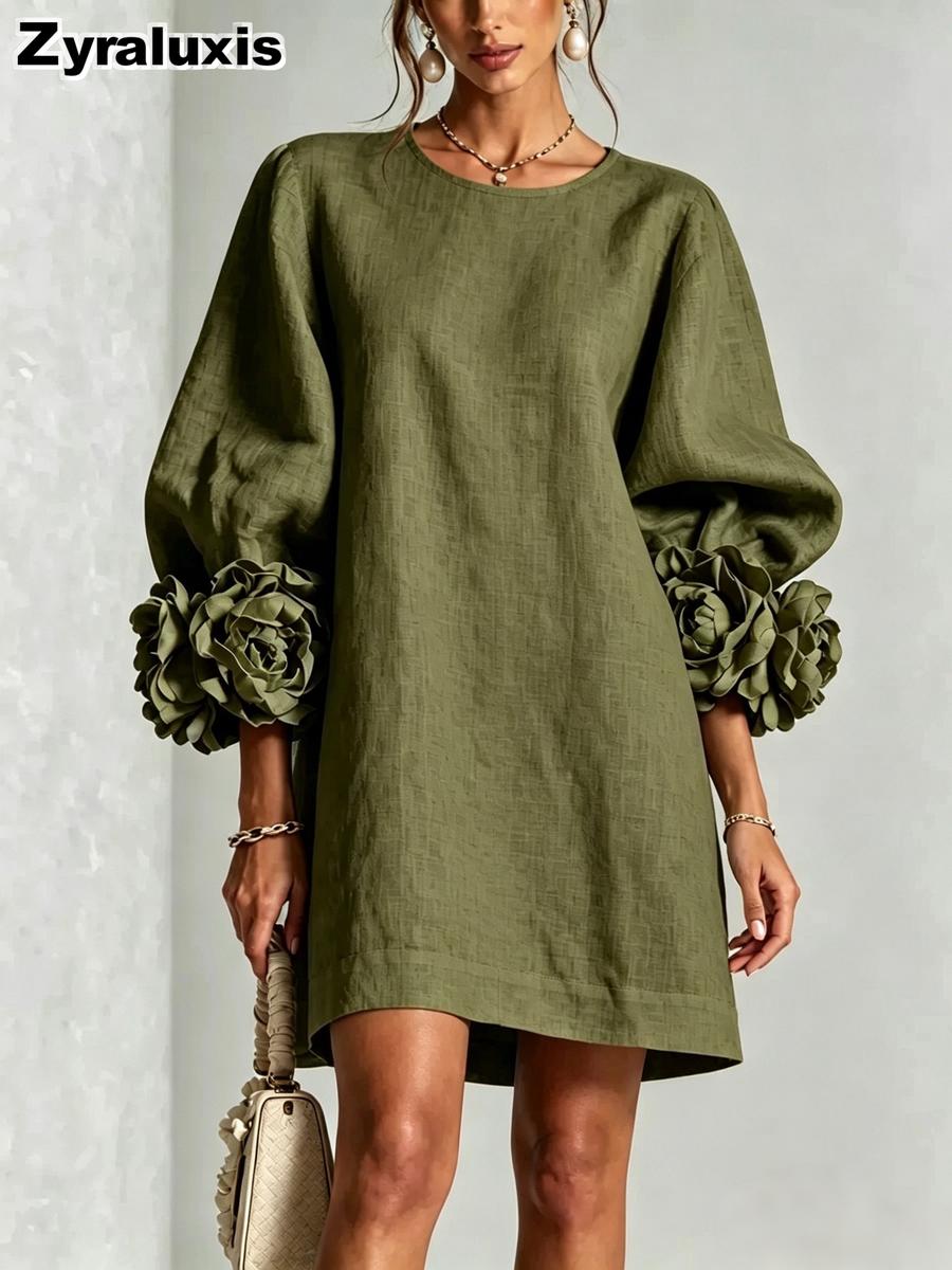 Herbst Neuer Stil Mode Damenkleider Französisches Spitzen-Laternenärmelkleid L armee grüne