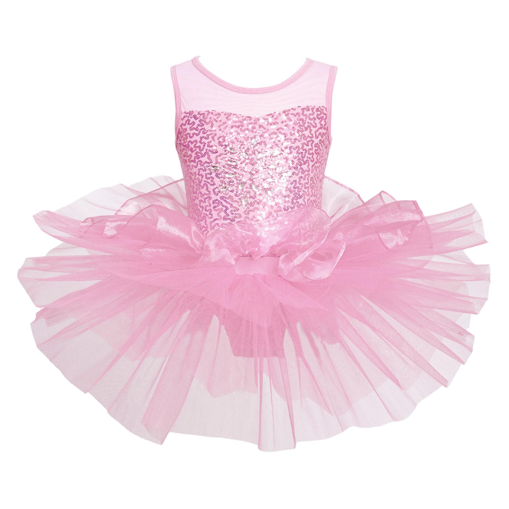 Kinder Mädchen Tanzkleid Ärmelloses Ballett-Trikot Tutu-Kleid Mesh-Splice-Kleid Gymnastik-Trikots 10-12 Years rosa
