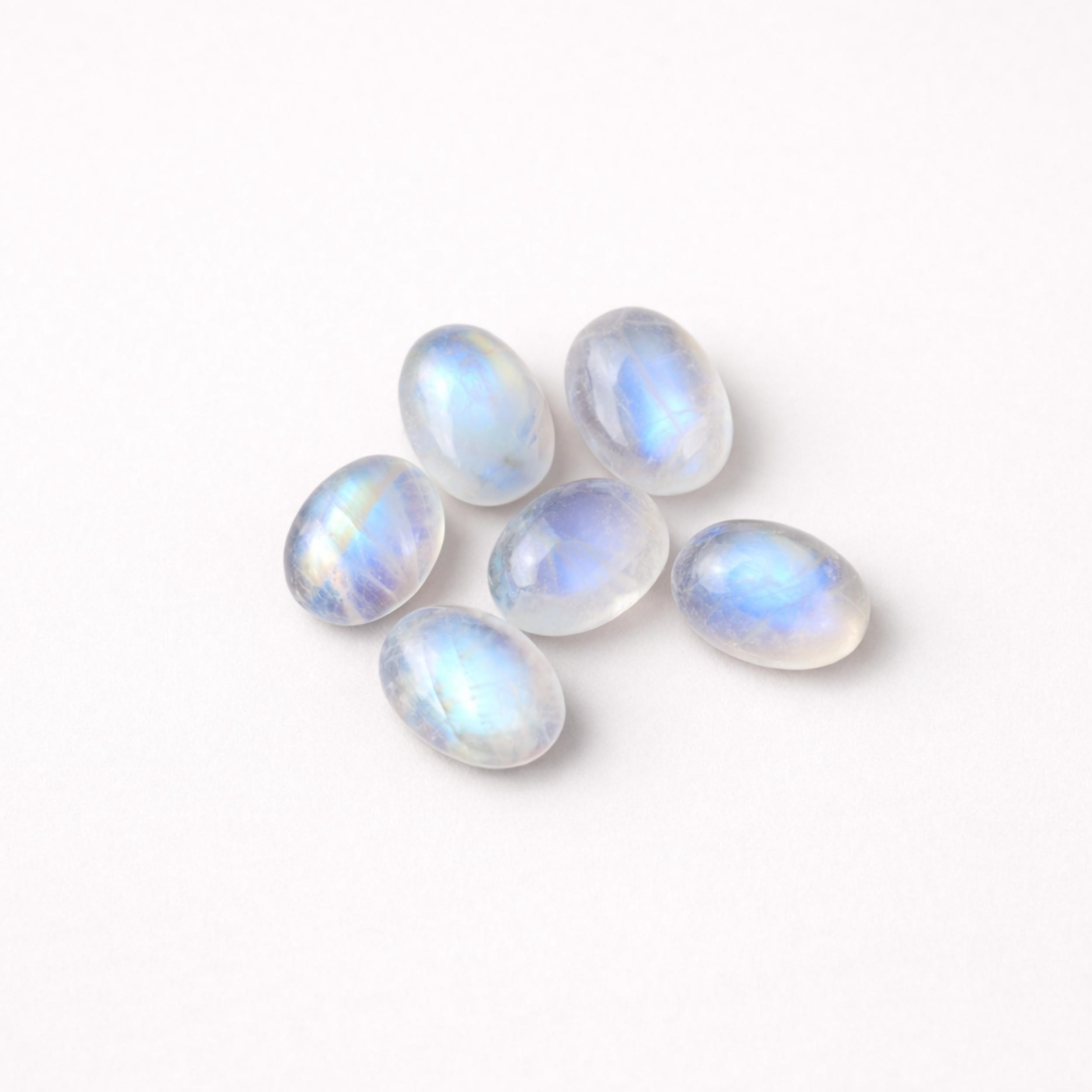Regenbogen-Mondstein-Edelsteine, Oval geschliffene Mondstein-Cabochons, Natürliche blaue Flash-Halbedelsteine Pack of 10 (7x9mm)