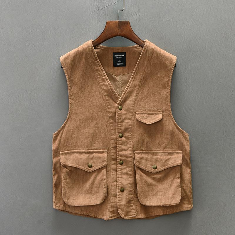 Japanische Retro Arbeitskleidung Herrenweste Frühling Herbst Angelweste Herren Baumwollweste V-Ausschnitt Einreiher Ärmellos Lässige Jacken XXXL khaki