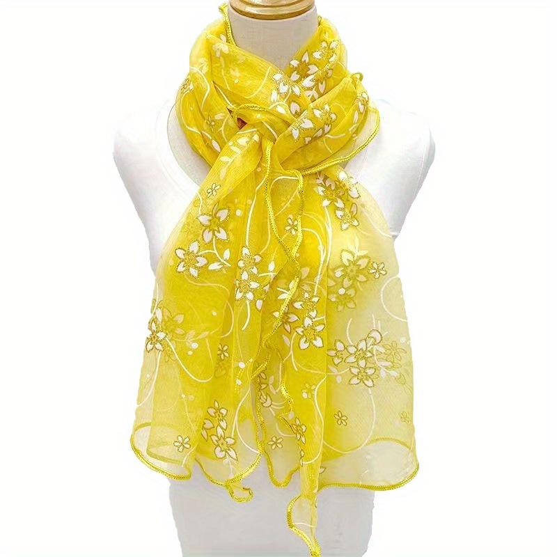 Schal mit Rüschen und Blumenstickerei, elegant, einfarbig, atmungsaktiv, Schal für Damen, Kopftuch, winddicht, Hijab, Turban, Reise-/Strandtuch gelb