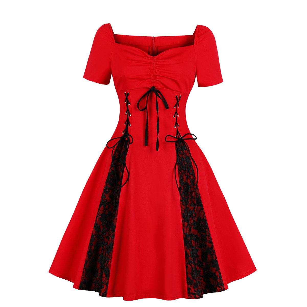 Damen Gothic-Kleid, schulterfrei, Spitzenträger, Übergröße, Vintage-Swing-Abend-Cocktail-Party-Kleider in Schwarz, Rot S rot