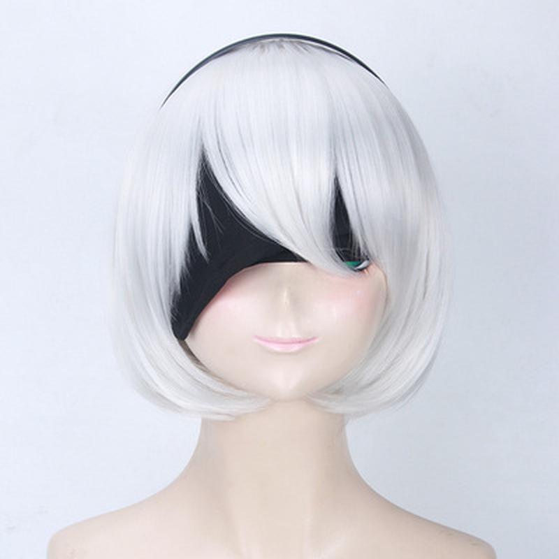 YoRHa Anime Cosplay Perücken, 3 Stück Perücke + Augenbinde + Haarband, gerade, weiß, Cosplay-Perücke, Anime-Kostüm, Party, Kunsthaar, Damen-Perücken Wig&Blindfold&Hairband