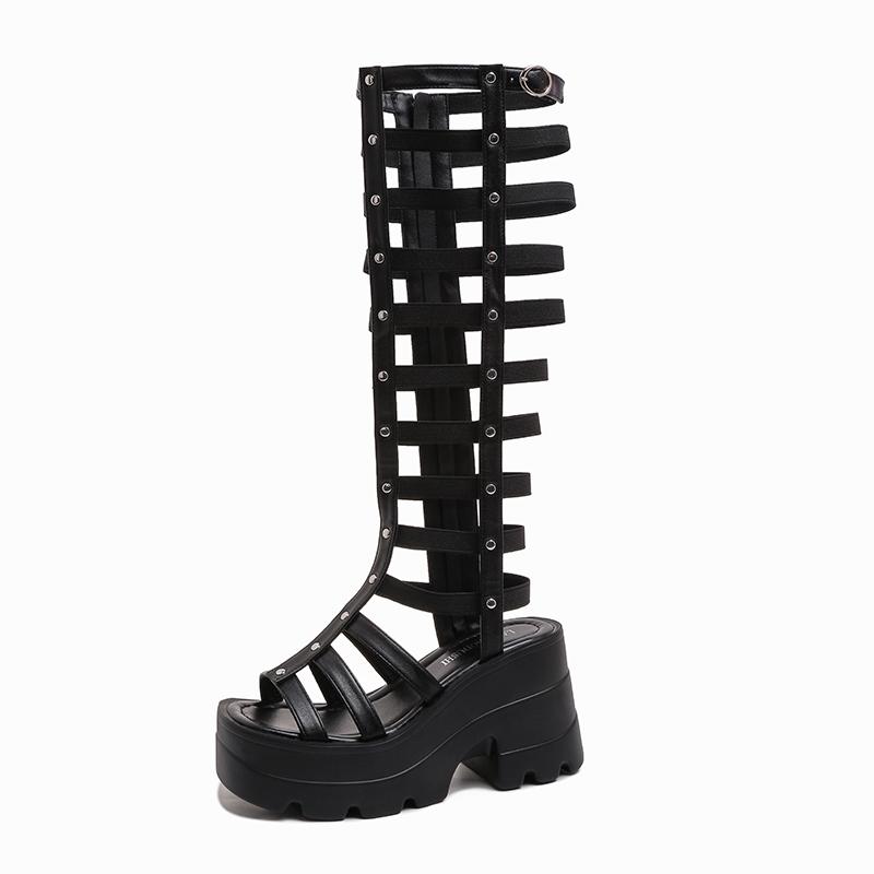 Mode 2025 Damen Sommerstiefel Damen Schuhe Mode Cutout High Top Sandalen Atmungsaktive Gestreifte Römerschuhe Plateau-Stiefel Oberschenkelhoch 40 schwarz