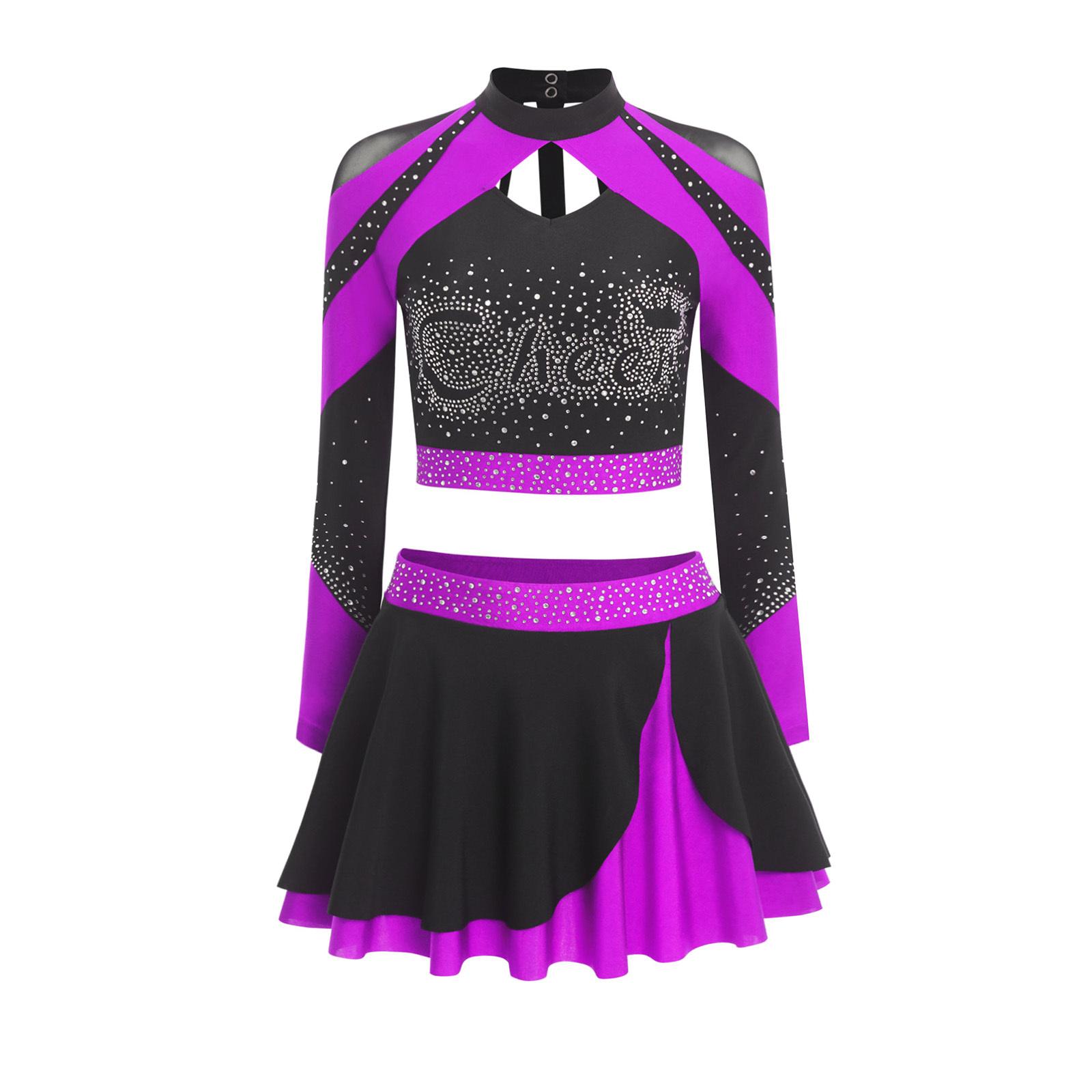 Damen Cheerleading Outfit Zweiteilig Langarm Ausgeschnittenes Crop Top Skaterrock Glitzer Strass Bekleidung S violett