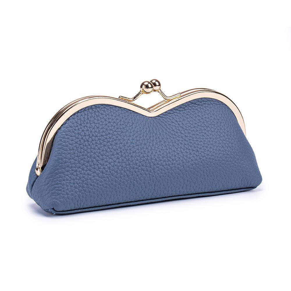 Echtes Leder Brillenetui für Damen Münzbörse Einfache Sonnenbrillen-Aufbewahrungstasche Tragbares Augenbrauenstift-Kosmetik-Organizer-Etui blau
