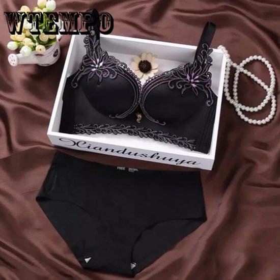 Nahtloser BH Push Up Damenunterwäsche Spitzenstickerei Dessous-Sets 40C schwarz