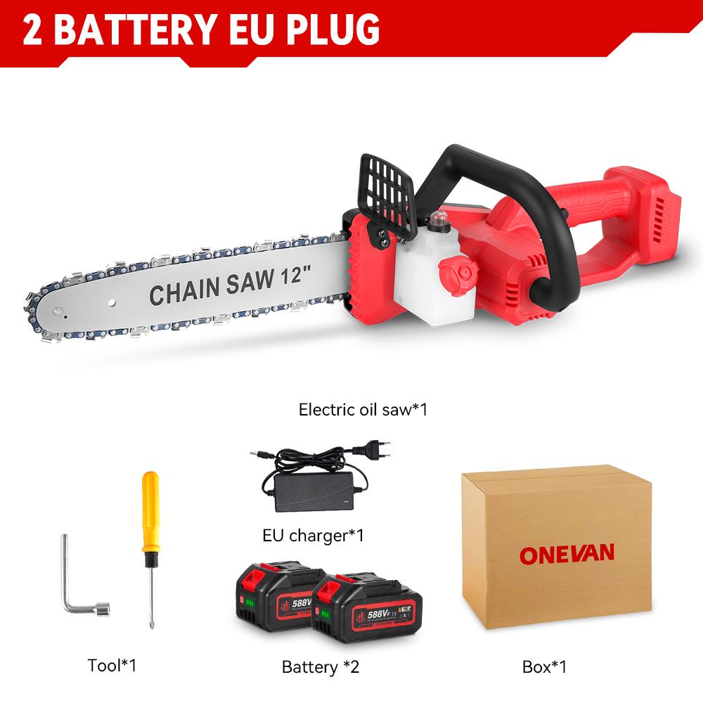 ONEVAN 12 Zoll Bürstenlose Elektrische Kettensäge 6600W 20000U/min Akku Handkettensäge Garten Beschneidewerkzeuge für Makita 18V Akku 2 Battery-EU