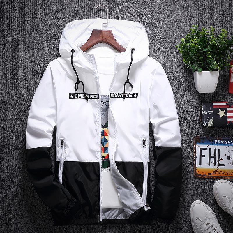 Frühling und Herbst Mode Color Blocking Herren Jacke Casual Trend dünne Student Windjacke Jacke Kapuzenjacke Top XXL weiß