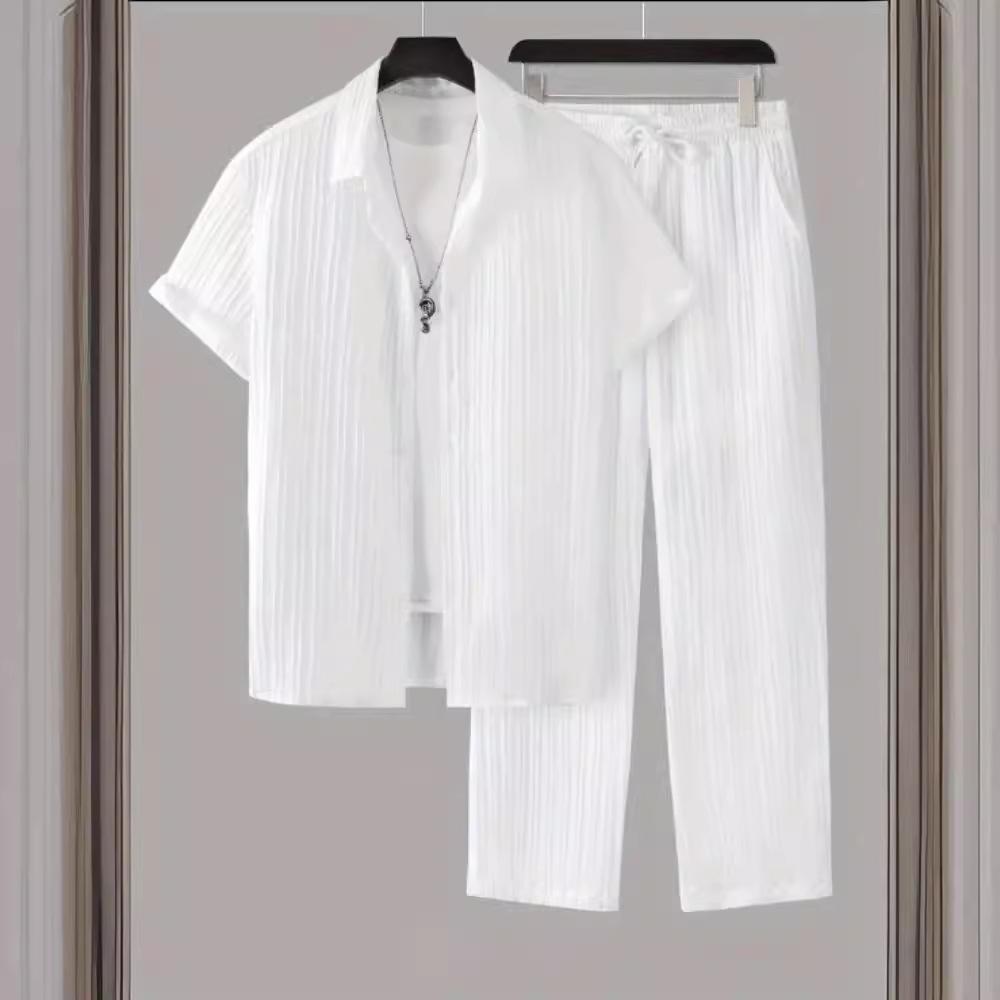 Sommeranzug für Herren Herren Sets Trainingsanzug Set Herren gestreiftes Kurzarmhemd mit Knopfleiste und Kragen, Jogginghosen-Set L weiß