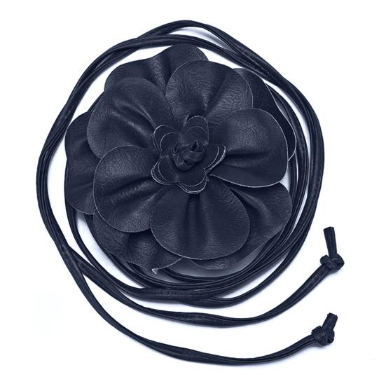 Boho-Blumen-Taillengürtel für Damen und Mädchen, florales Kunstleder, Seil, Taillenband, Hochzeitskleid, dünner Bund navy blau