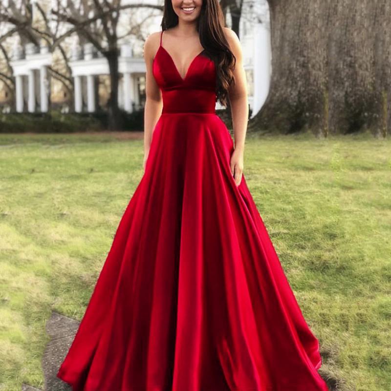 Mode Damen Sexy V-Ausschnitt Einfarbig Kleid Träger Abendkleid XXXL rot