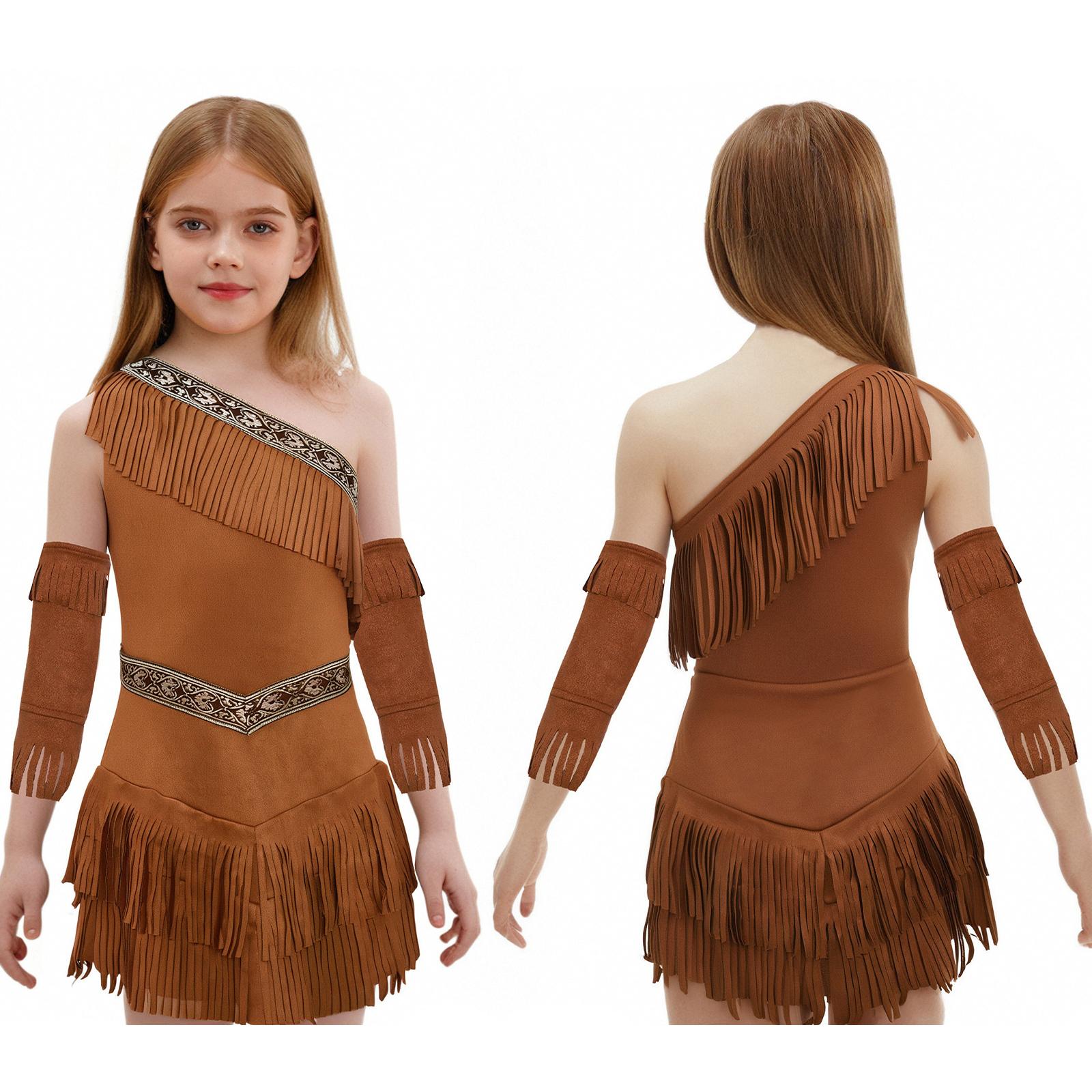 Kinder Mädchen Indianer Prinzessin Kostüm Ein Schulter Ärmellos Fransen Wildleder Kleid mit Quastenärmeln - Halloween Cosplay Kostüm 15-16 Years braun