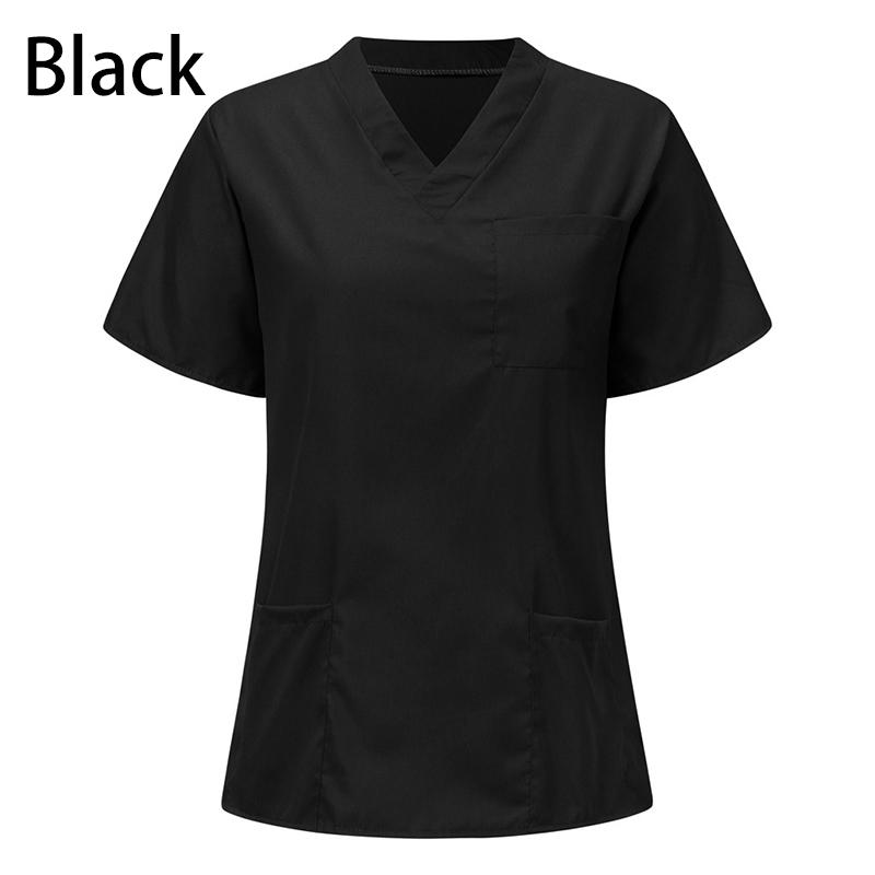 Plus Size Damen Arbeitskleidung Stilluniform Bluse Kurzarm V-Ausschnitt Tops mit Tasche M schwarz