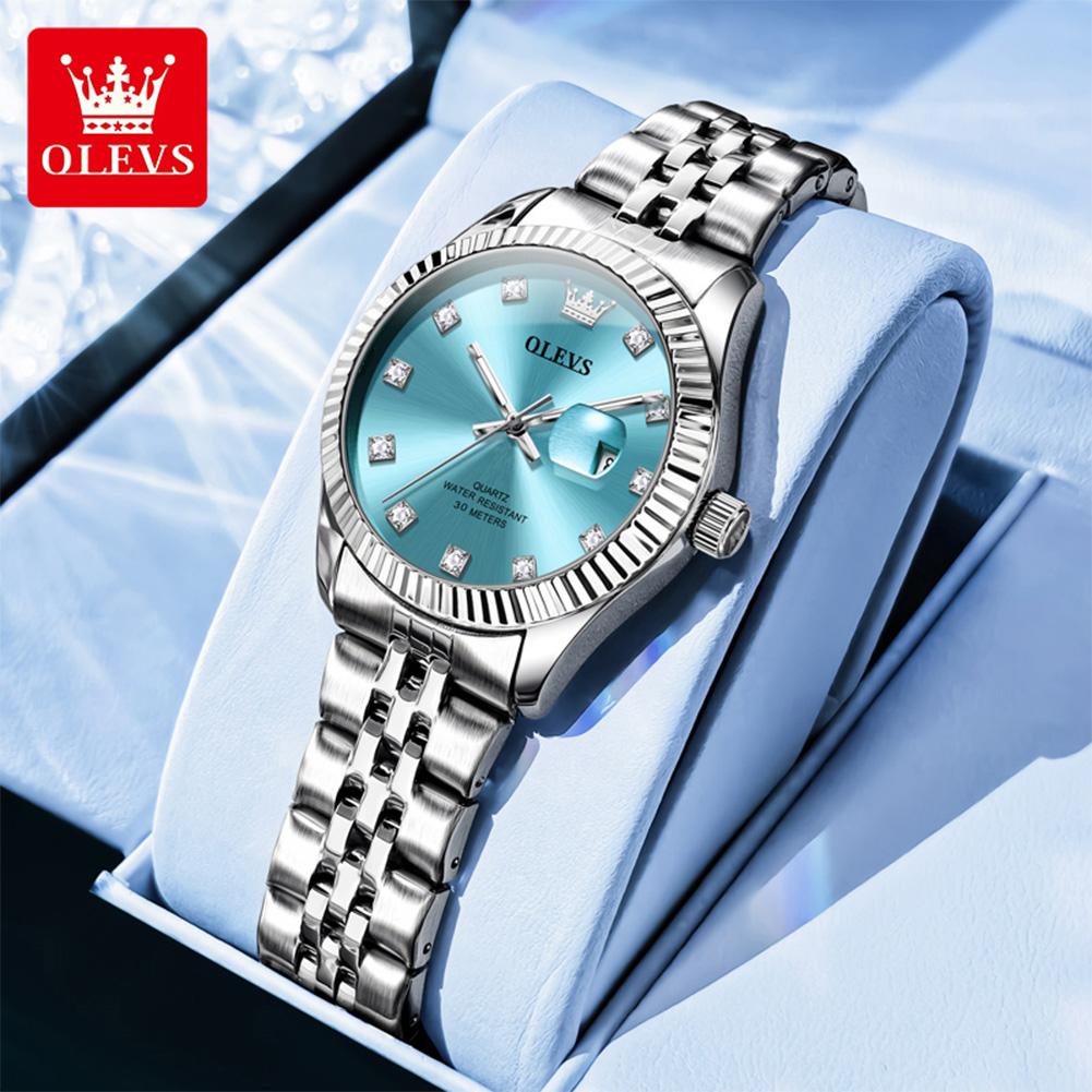 OLEVS Uhren Damen Neu Original Mode Elegant Quarz Uhr Wasserdicht Leuchtend Datum Damenuhren Geschenke blau/silber
