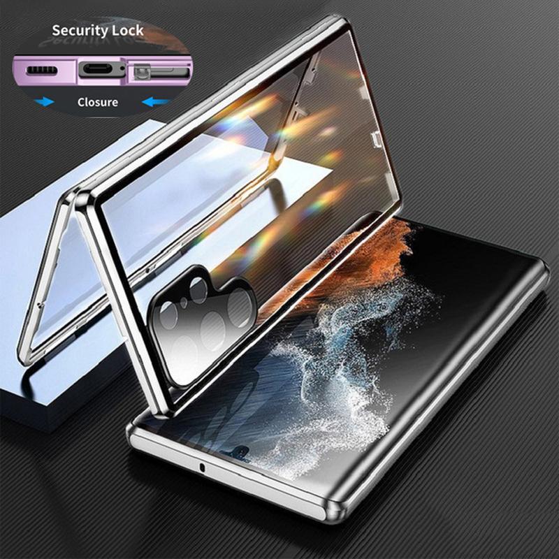 360-Grad-Vollschutz, magnetische doppelseitige Glashülle aus Metall für Samsung Galaxy S25 S24 S23 FE S22 Ultra S21 Plus, Objektivschutz, Schnappverschluss For Samsung S21 Plus silber