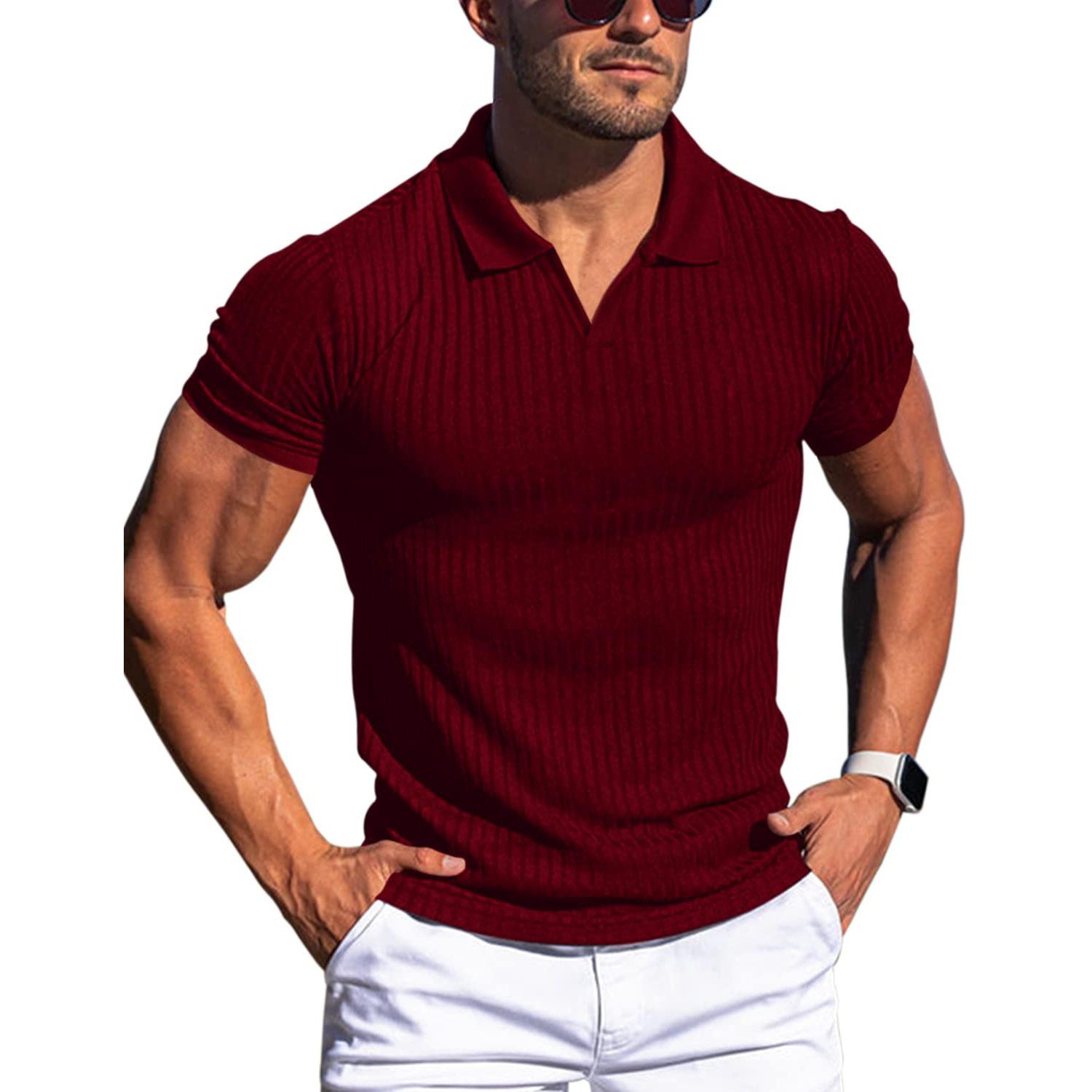 Herren-Poloshirts mit V-Ausschnitt und Muscle-Car-Design, Slim Fit, kurzärmlige Golf-T-Shirts, weiche Rippstrick-T-Shirts, Sommerpullover mit Kragen für Männer, atmungsaktive T-Shirts M