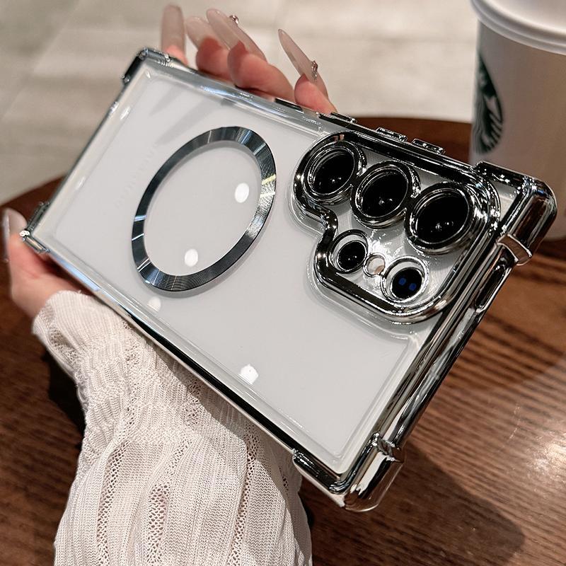 Für Magsafe Klare Weiche TPU Stoßfeste Hülle Für Samsung Galaxy S25 Edge S24 Ultra S23 FE S22 + Plus Magnetische Linsenfolie Galvanisierte Silikonhülle Galaxy S25 Edge silber