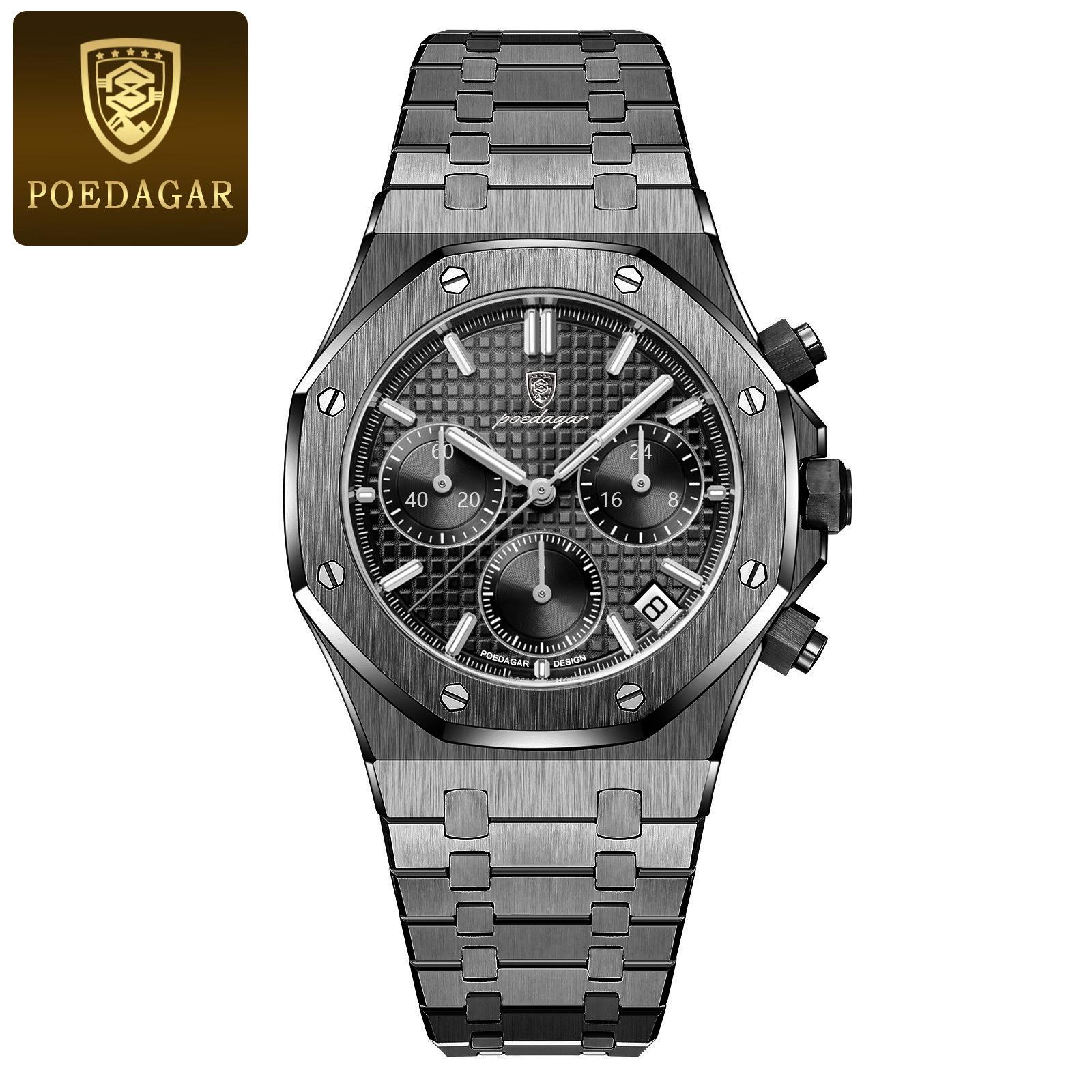 POEDAGAR Herrenuhren Feiner Stahl Modische Original-Quarzuhr für Männer Wasserdicht Leuchtende Datums-Chronograph Luxus-Armbanduhr schwarz