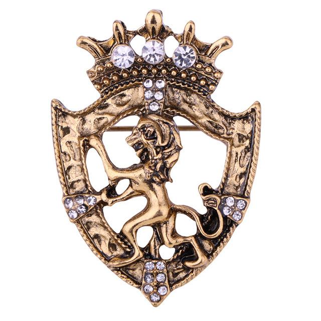 Retro Löwe Kristall Brosche Pins Tier Krone Revers Pin Corsage Herren Hemd Anzug Kragen Pins Mode Schmuck Colthing Zubehör antik gold