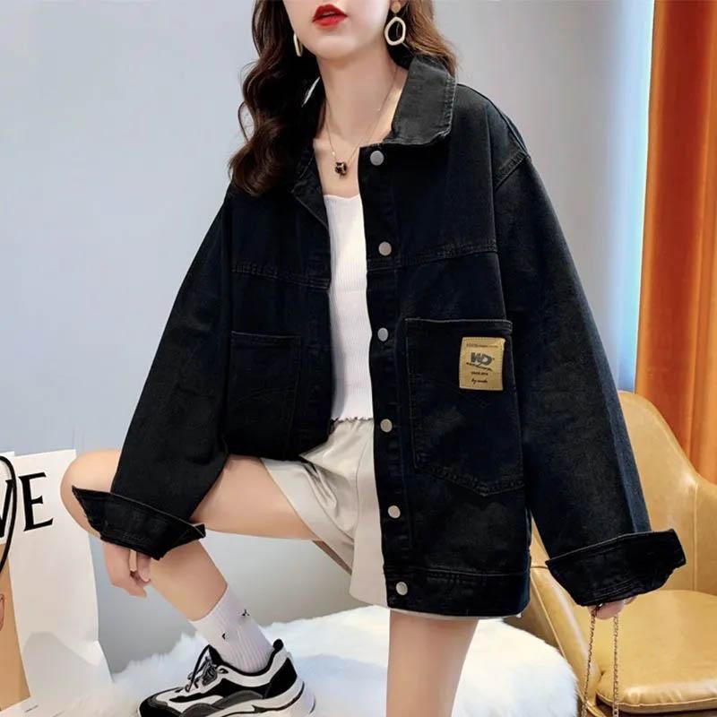 Mittellange Jeansjacke für Damen im Frühling und Herbst, vielseitige Internet-Promi-Lockere, koreanische Version, BF-Cardigan-Jacken, Ins-Trend XL schwarz
