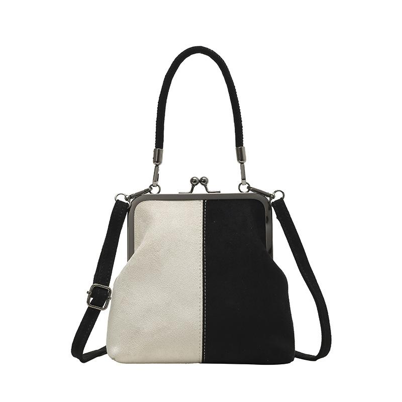 Damen Retro Crossbody-Tasche aus Wildlederimitat, Elegante Schultertasche mit Kontrastfarbe und Bügelverschluss, Abnehmbarer Schultergurt, Kleine Handtasche, Alltags-Handtasche weiß
