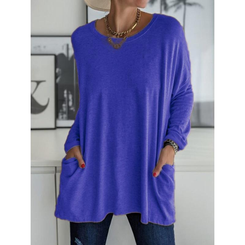 Damenmode, lässig, einfarbig, langärmelig, O-Ausschnitt, Blusen und Hemden XXXXL blau