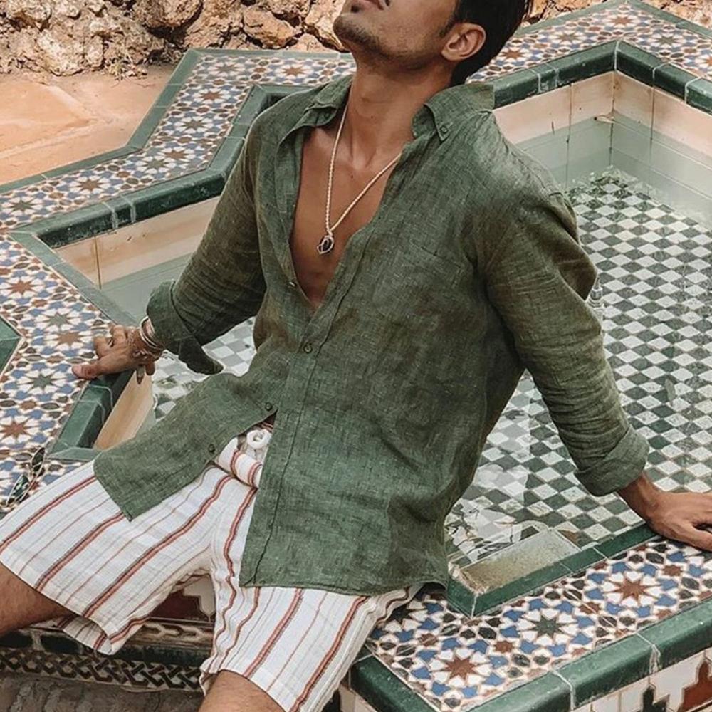 Herren Casual Bluse Baumwolle Leinen Hemd Lose Tops Kurzarm T-shirt Frühling Herbst Sommer Casual Gutaussehende Männer Hemd 2XL grün