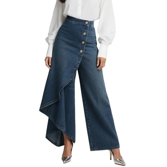 Fließende Jeans für Damen High Waist Asymmetrische Wickel-Denim-Hose Knopfleiste Weiter Bein Splicing Sommer Rüschenjeans S blau