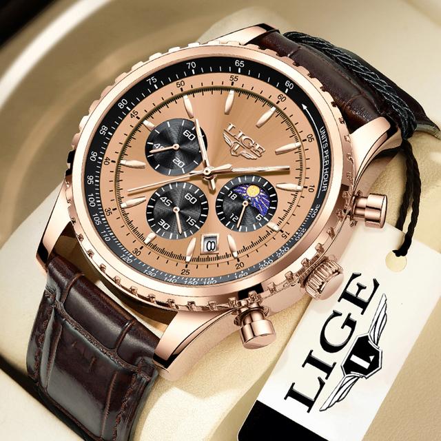 LIGE Neue Herrenuhren Top-marke Luxus Männer Armbanduhr Leder Quarzuhr Sport Wasserdicht Datum Chronograph braun/gold