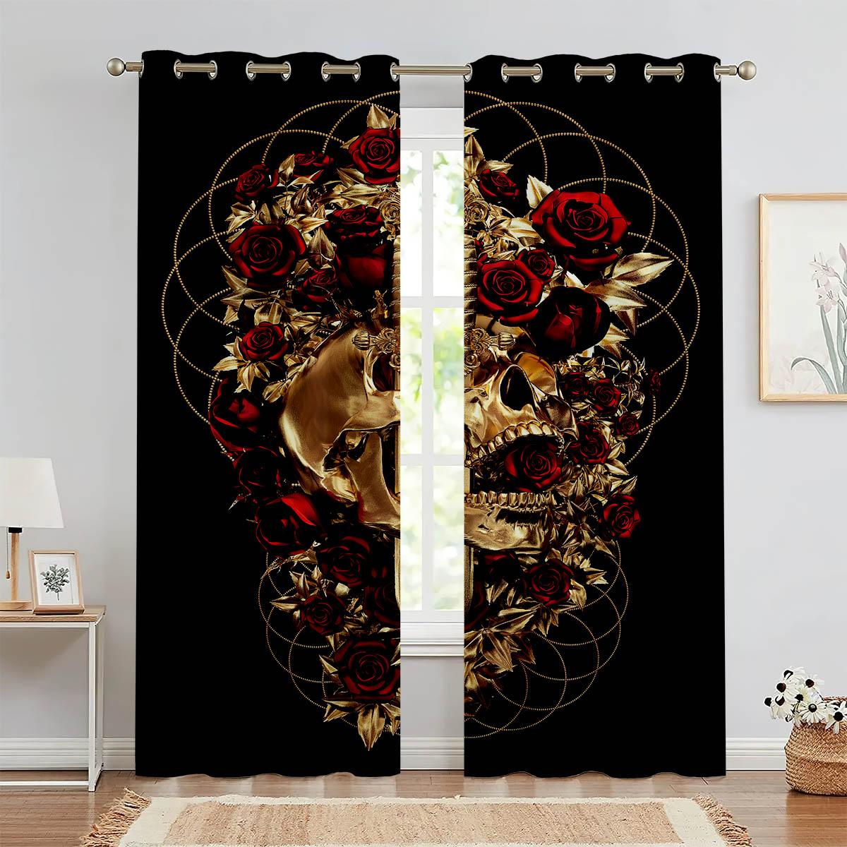 Floraler Rosenschädel 3D-gedruckte Vorhänge, Gothic-Retro-Vorhänge, Schlafzimmer, Wohnzimmer, Arbeitszimmer, Fensterdekoration, Vorhänge, 2 Stück W50xH140(CM)x2PCS&Grommet Top brown