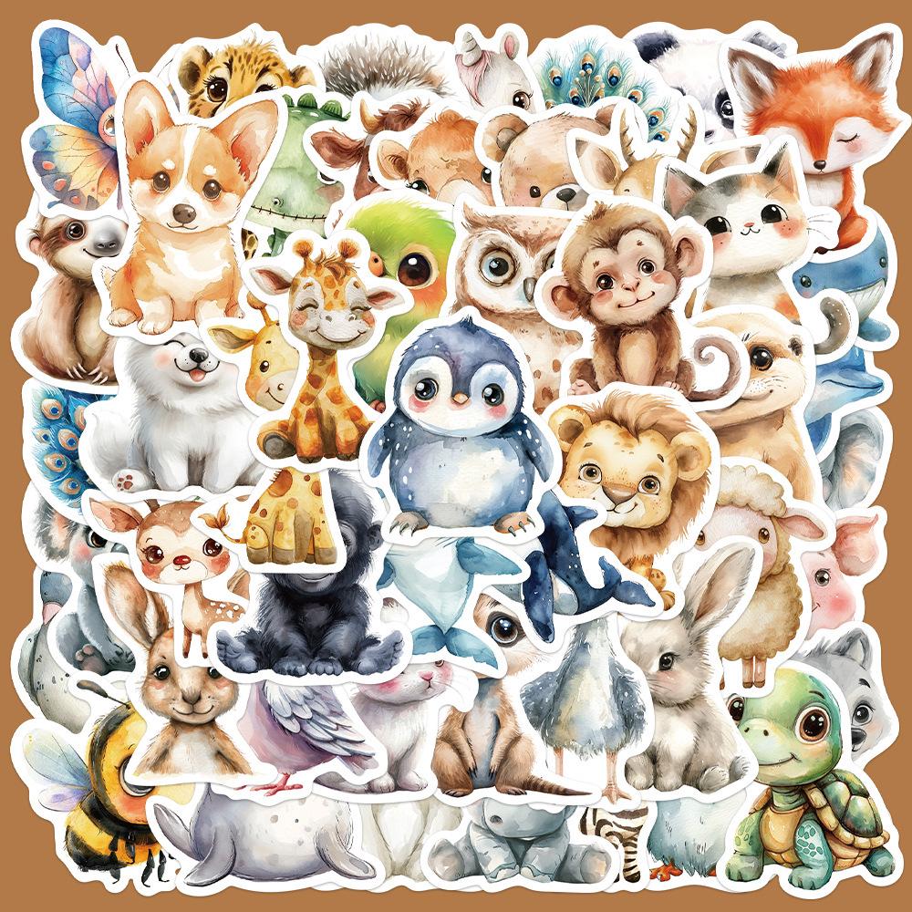 50 Niedliche Aquarell-Cartoon-Tieraufkleber für Notizbücher, Handyhüllen und Journale