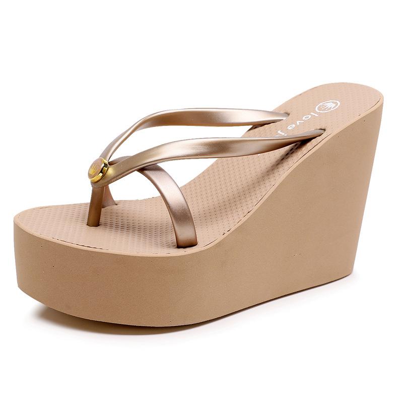 Hausschuhe Damen Sommer 11cm Dickbesohlte Rutschfeste Hausschuhe Keilsandalen 43 gold