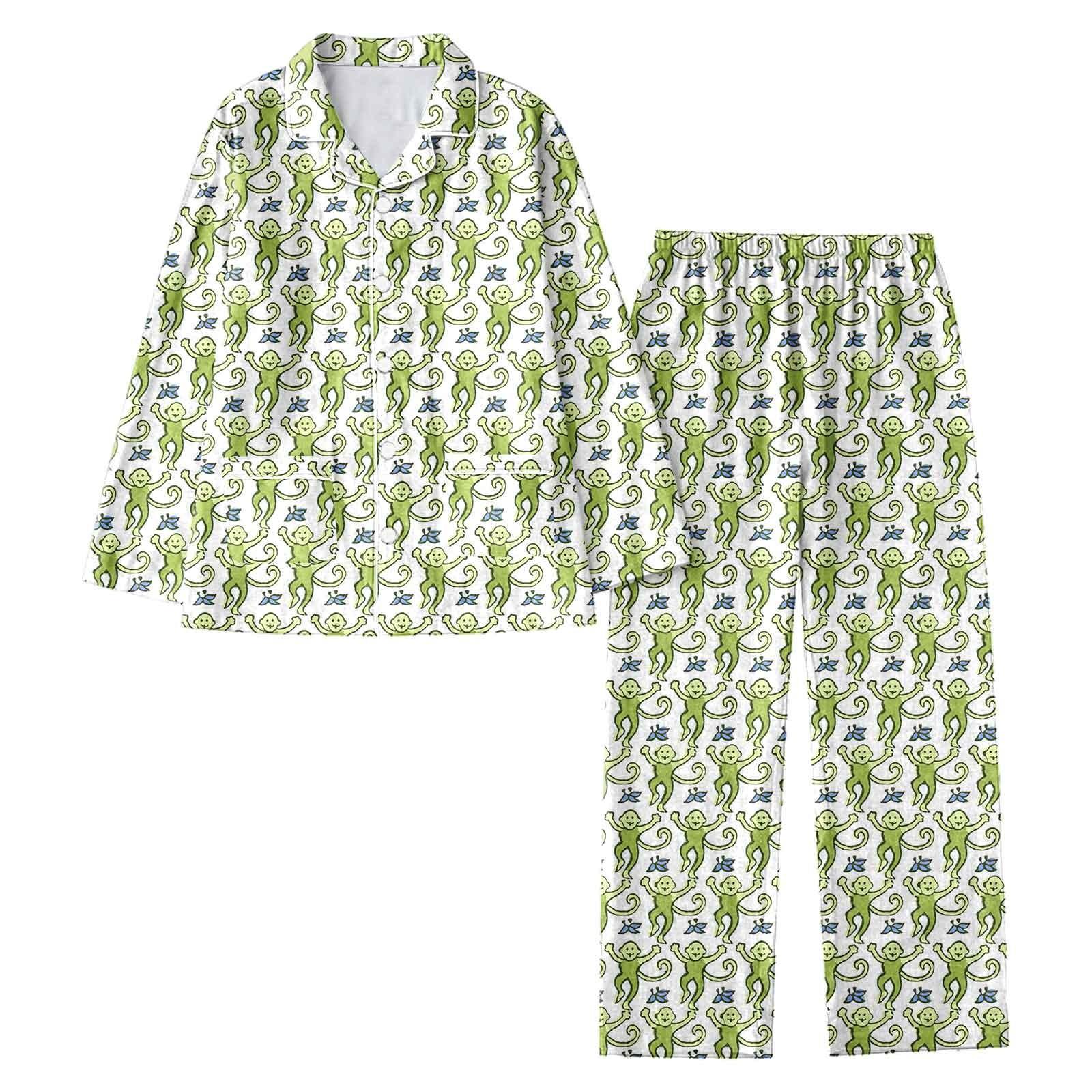 Damen 2-teiliges Pyjama-Set Lässig Niedlich Roller Rabbit Print Langarmshirts Lange Hosen Set Revers-Pyjama Damen-Homewear XL grün