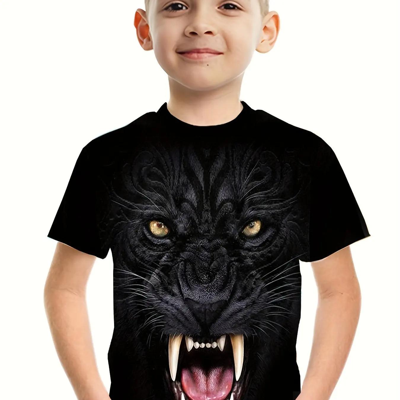 Jungen T-Shirt mit Löwe-Grafik, modische Kurzarmshirts, Jungen- und Mädchen-T-Shirt mit Cartoon-3D-Druck, Kinderbekleidung, Sommer-T-Shirts für Kinder 160 black