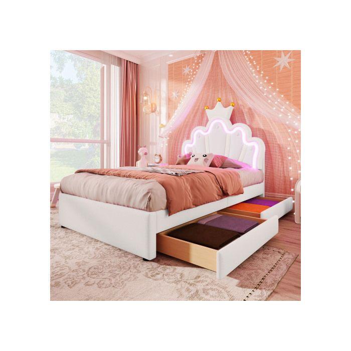 Gepolstertes Bett, 90 x 200 cm, ohne Matratze, Ambientebeleuchtung mit Fernbedienung, Bett mit 2 Schubladen, weiß weiß