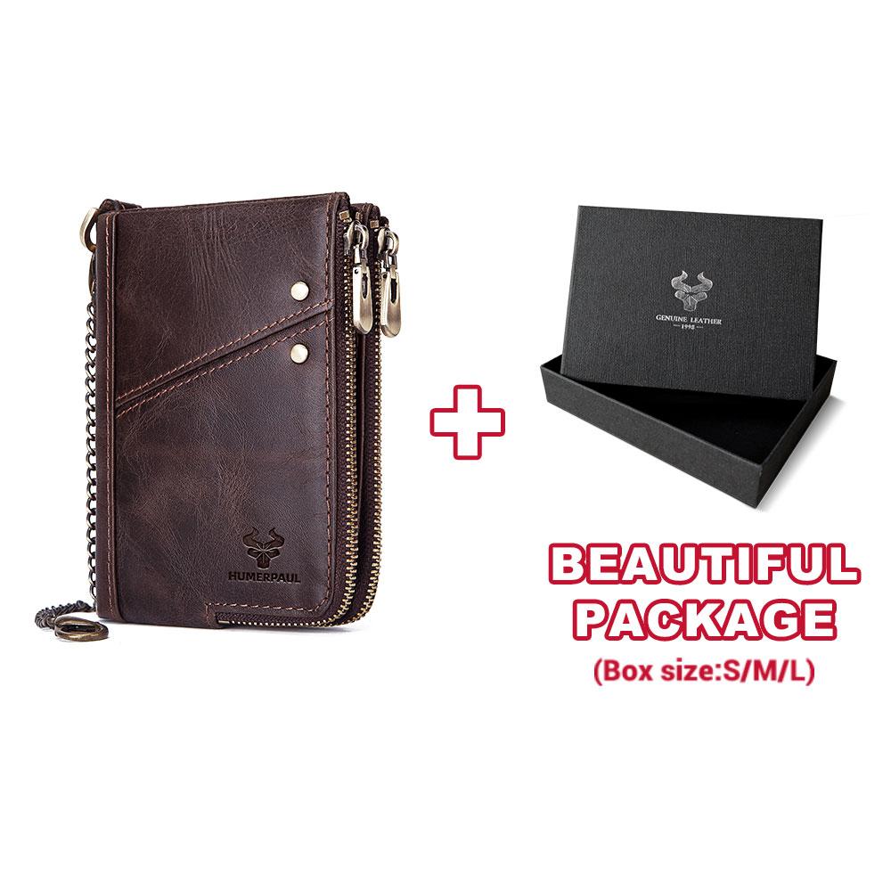 HUMERPAUL Herren-Geldbörse aus echtem Leder, RFID-blockierend, doppelter Reißverschluss, schmale horizontale Bifold-Geldbörse kaffeebraun