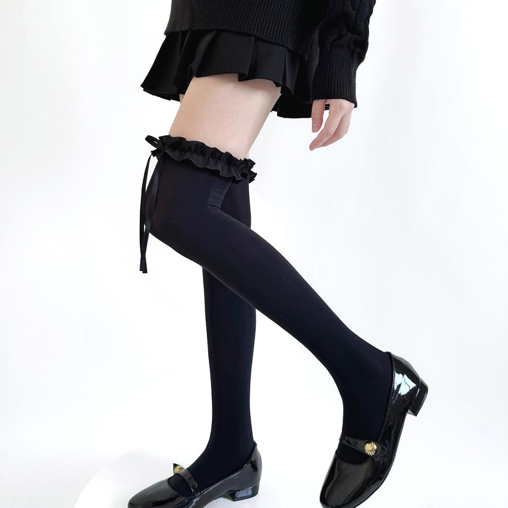 Sexy Süße Weiche Overknee-Strümpfe JK Lolita Stil für Mädchen Lange Socken Strümpfe Spitze Schleife Kniehohe Socken schwarz
