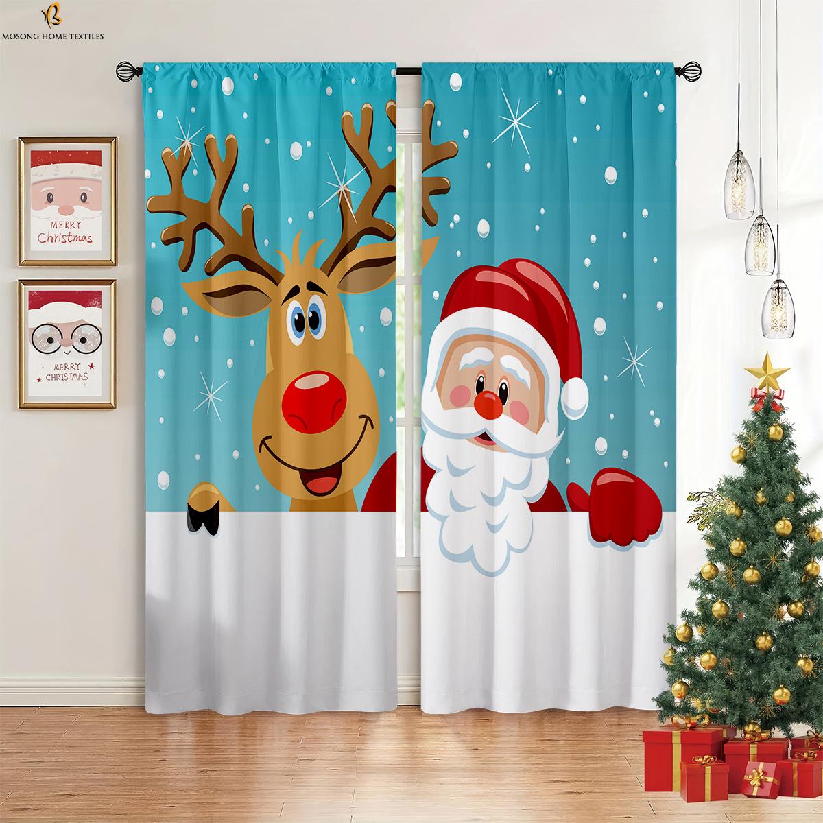 Weihnachtsdekoration Vorhänge Holz Elch Schneemann Druck Vorhänge Kinderzimmer Restaurant Feiertagsparty Dekoration Vorhänge 2 Stück W50xH130(CM)x2PCS&Rod pocket brown