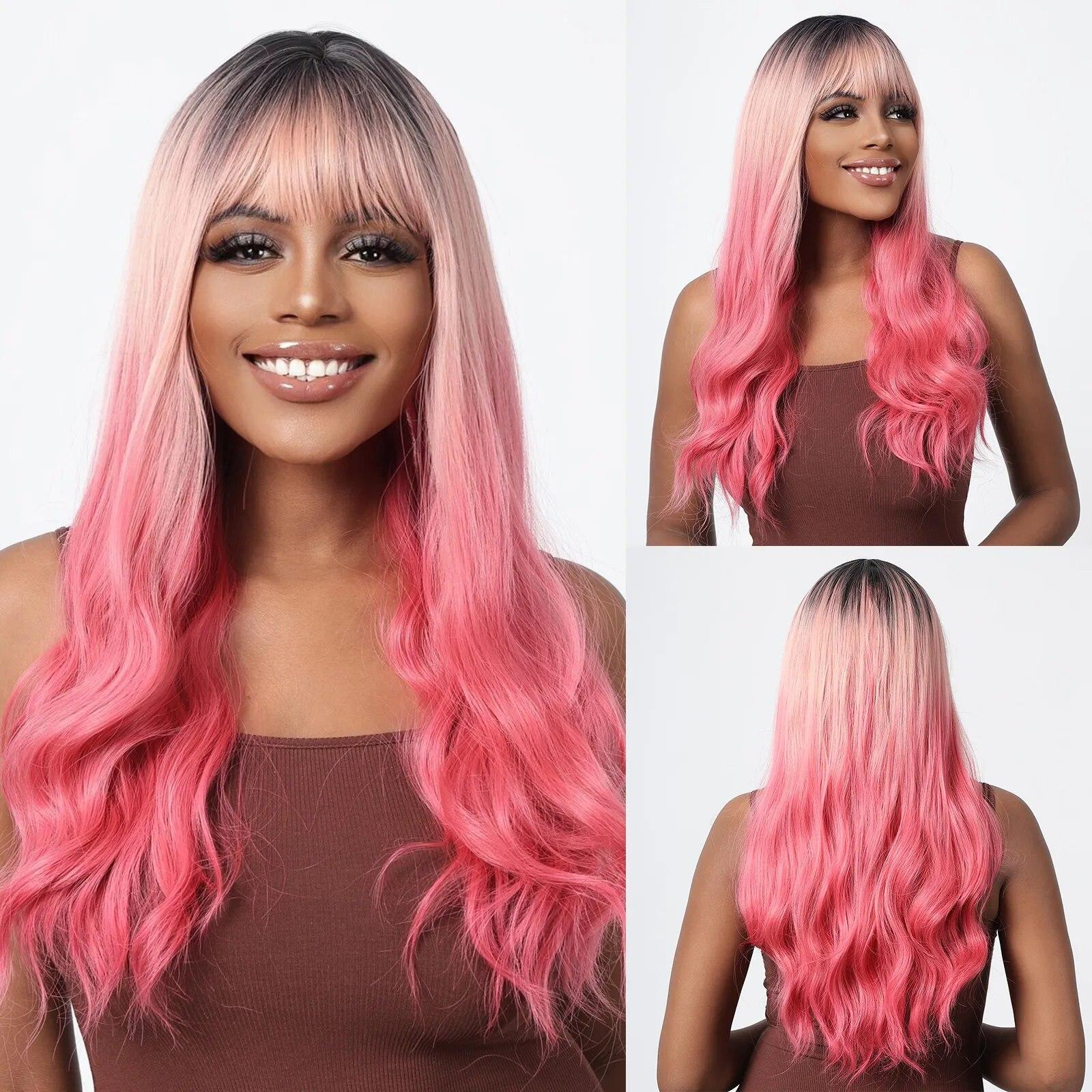 Schwarz bis rosa Ombre-Kunsthaar-Perücken für Frauen, Afro-lange gewellte dunkle Wurzeln, Cosplay-Perücke, Party, Halloween, hitzebeständige Faser