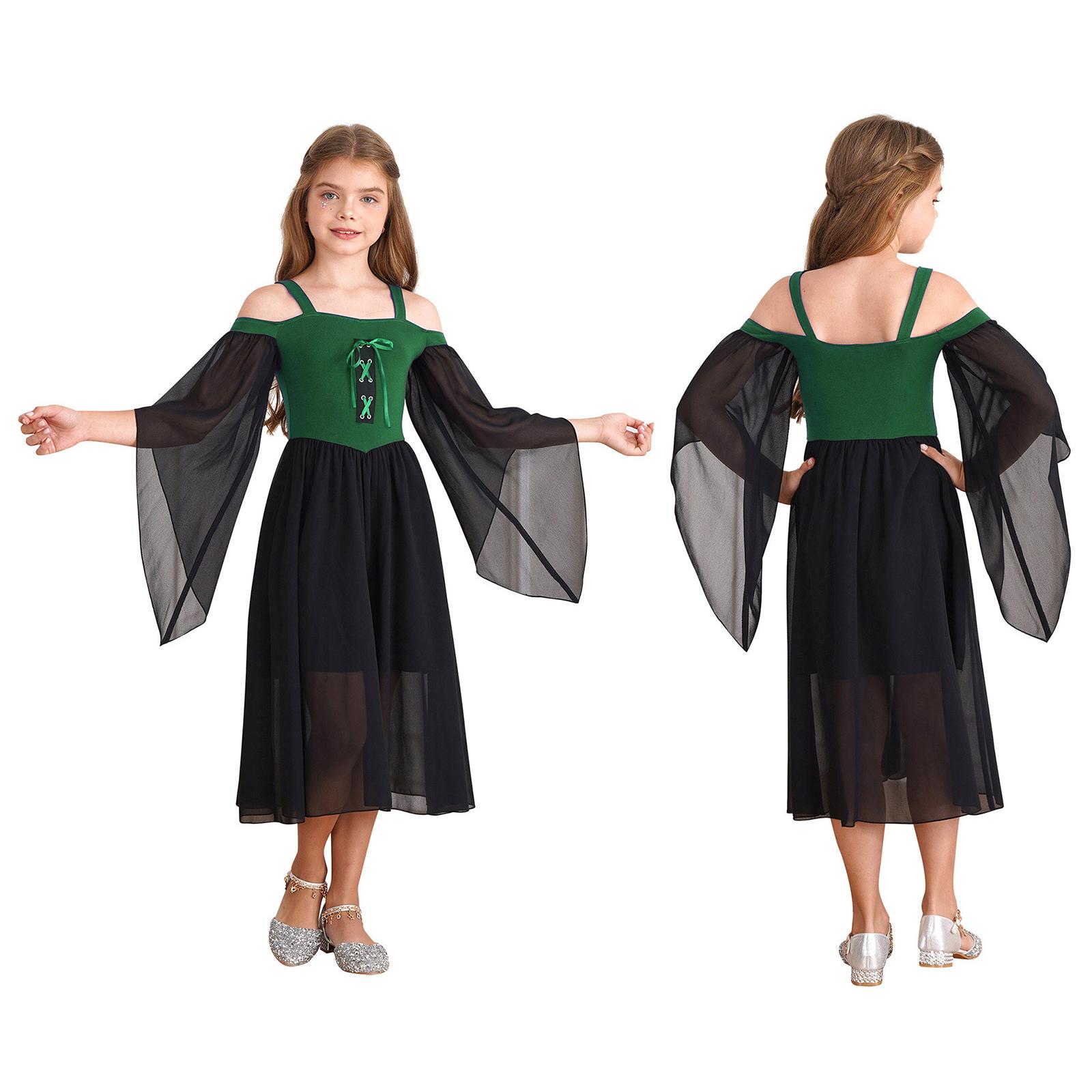 Kinder Mädchen Mittelalterliche Prinzessin Kostüm Renaissance Robe Kleid Quadratischer Ausschnitt Halloween Cosplay Kostüm 9-10 Years grün