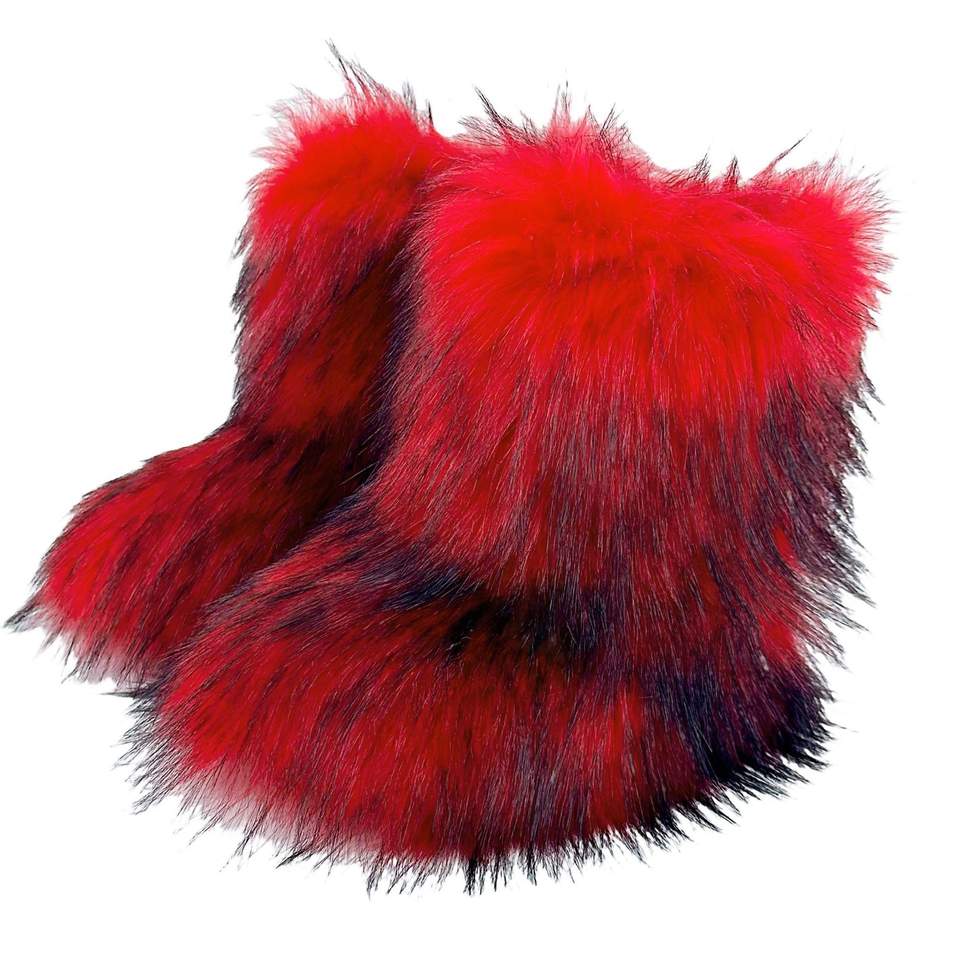 Damen Kunstfell Stiefel Winter Flauschige Plüsch Warme Mid-Calf Schneestiefel Luxus Mode Pelzige Stiefel Bequeme Outdoor Flache Schuhe 45 rot