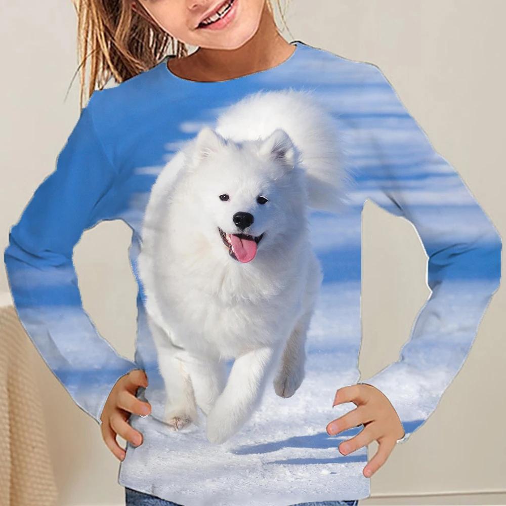 Kinderkleidung Mädchen T-Shirt Langarm Niedlich 3D Hunde Print Kinder Herbstkleidung Lässig Stilvoll Rundhals Jungen Kleidung Tops 140