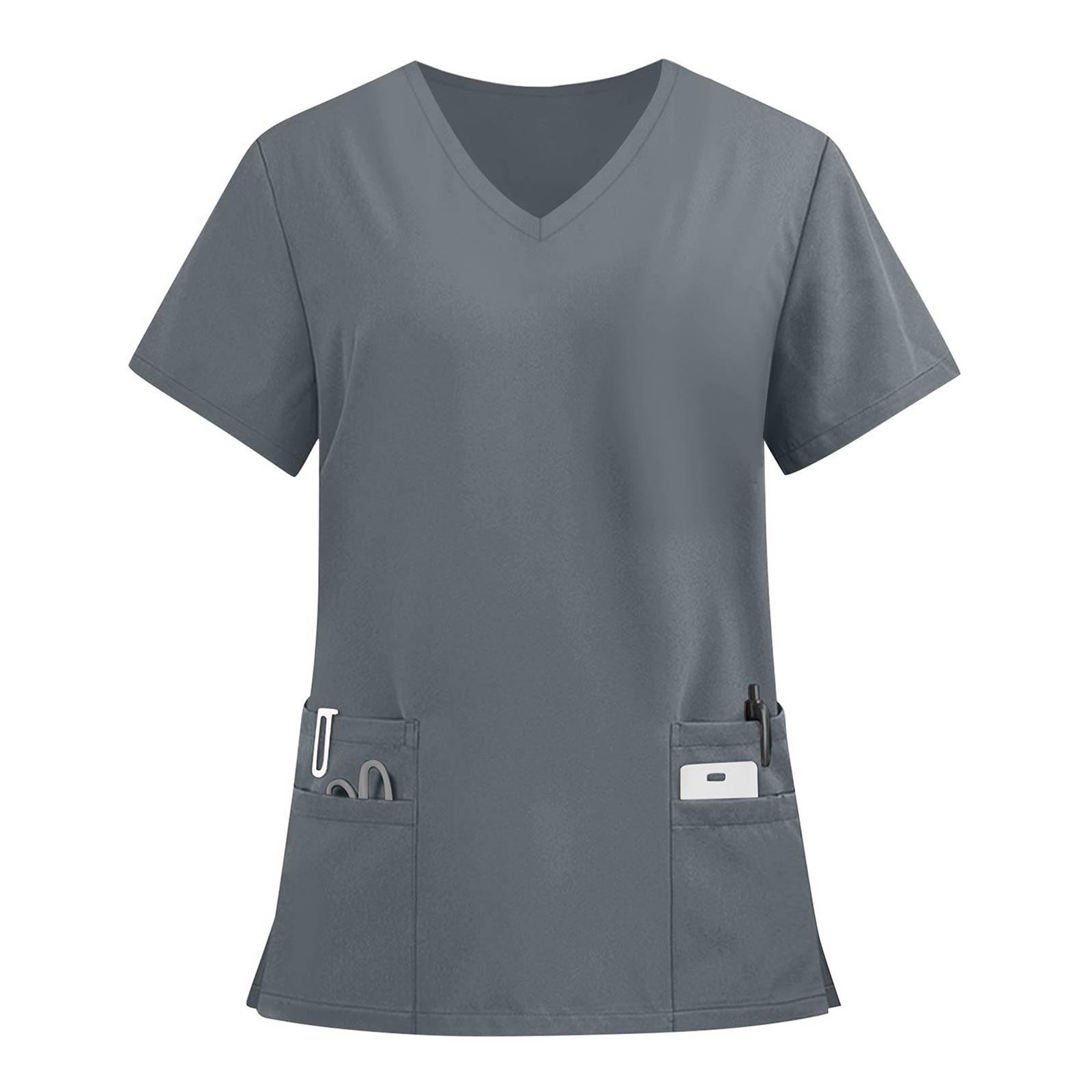 Damenmode Einfarbig Kurzarm V-Ausschnitt Muster Tops Tasche Arbeits-T-Shirts XXXXXL